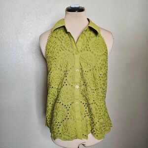 RYEGRASS Embroidered Eyelet Halter Top‎ Collared Lime Green Size 14